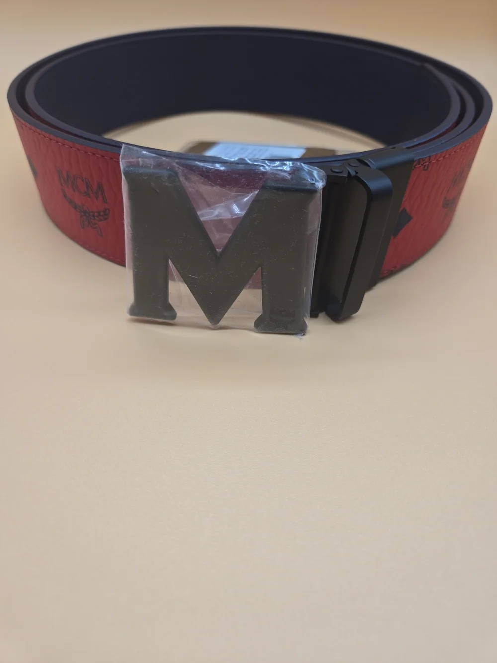 MCM Red Logo Strap Belt with Black 'M' Buckle
